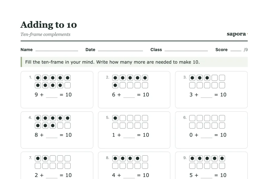 The top of the printable Adding to 10, 20, and numbers up to 100 worksheet