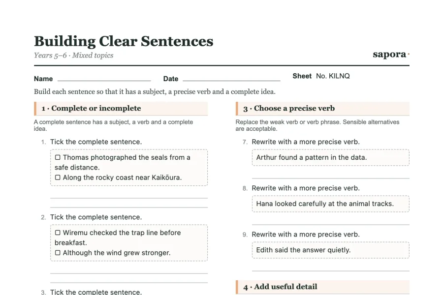 The top of the printable Building Clear Sentences worksheet