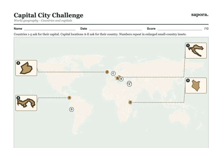 The top of the printable Capital Cities and Country Names worksheet