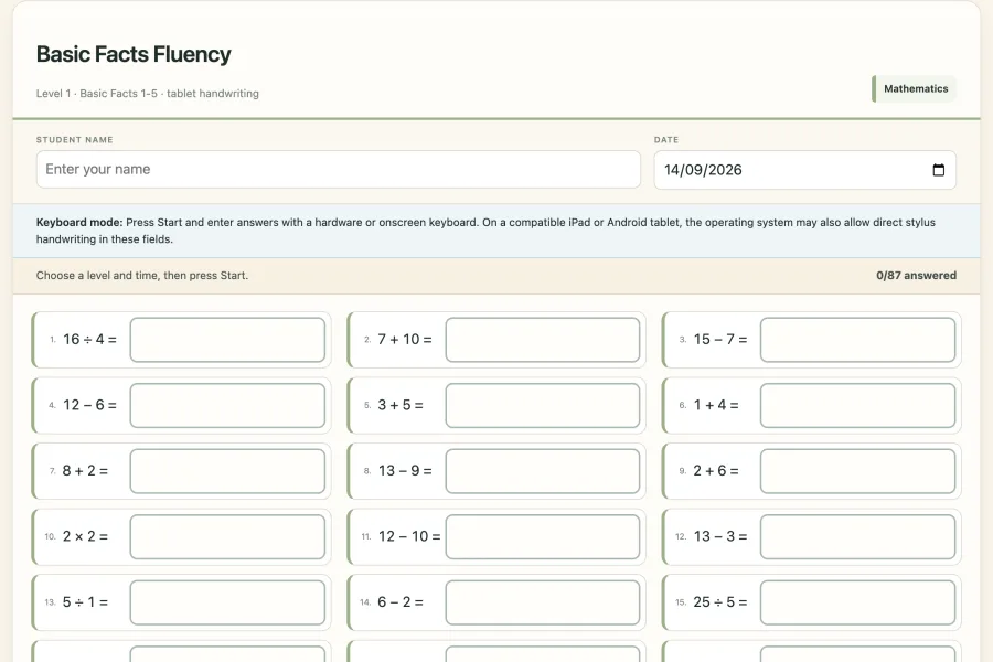 The iPad number fluency tool as it appears on screen