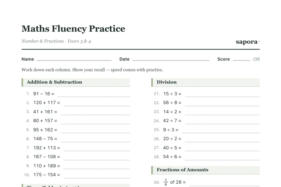 The top of the printable Maths Fluency worksheet