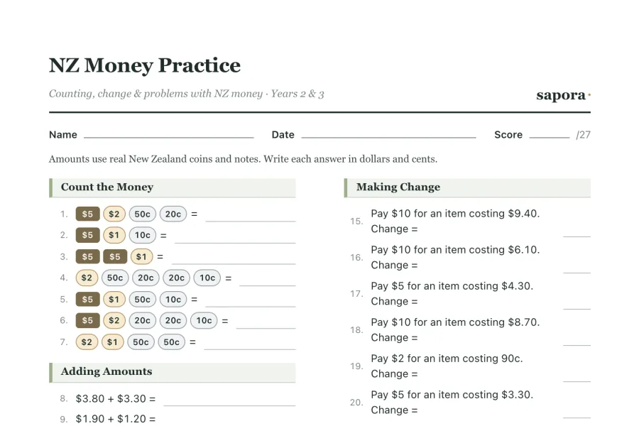 The top of the printable NZ Money Worksheets worksheet