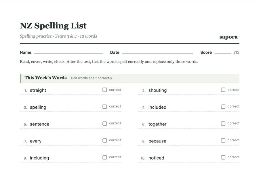 The top of the printable NZ Spelling Lists worksheet