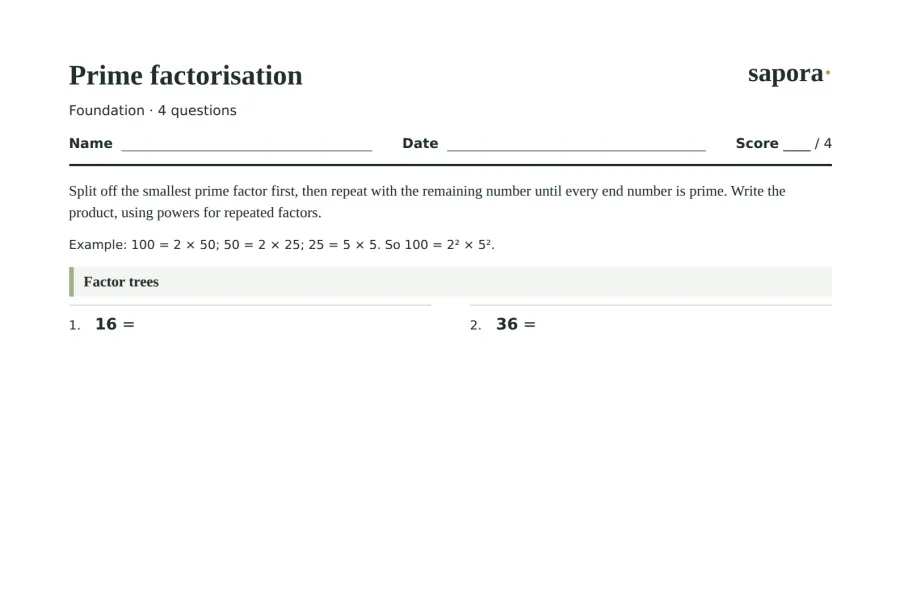 The top of the printable Prime Factorisation Worksheet worksheet