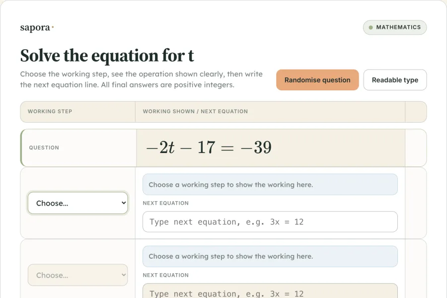 The Solving Two Step Equations tool as it appears on screen