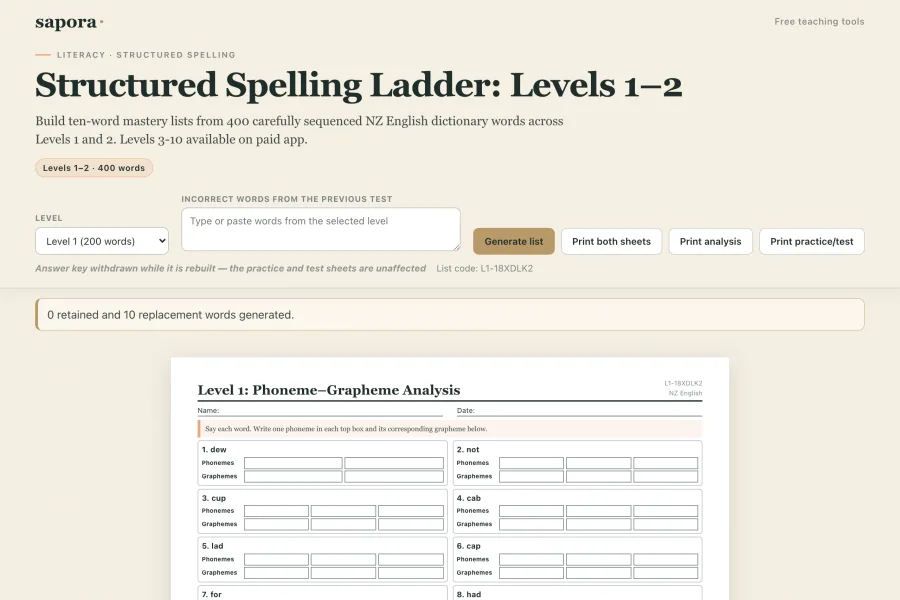 The Structured Spelling Ladder: Steps 1–2 tool as it appears on screen