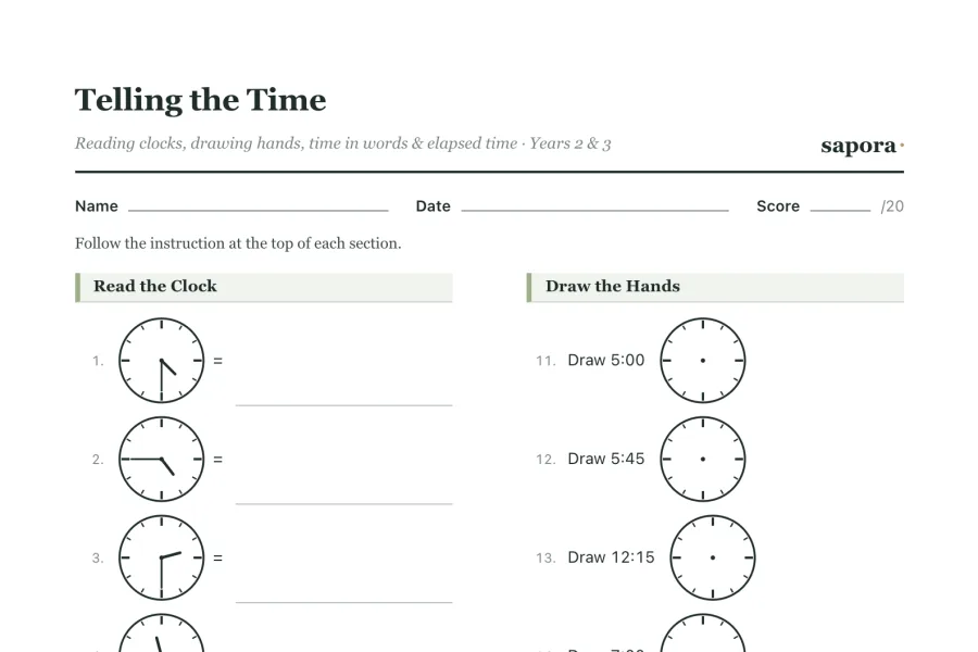 The top of the printable Telling the Time worksheet