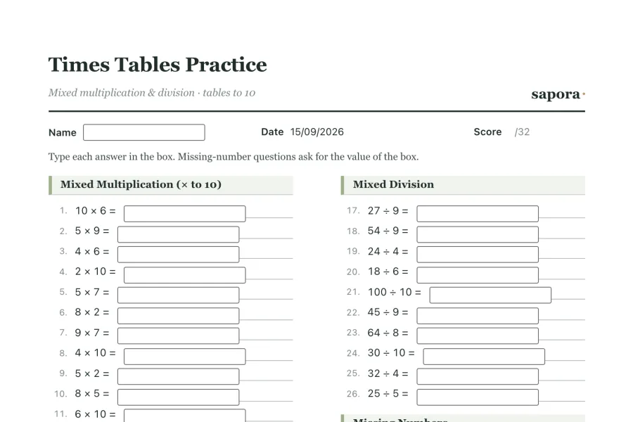 The top of the printable Times tables online worksheet
