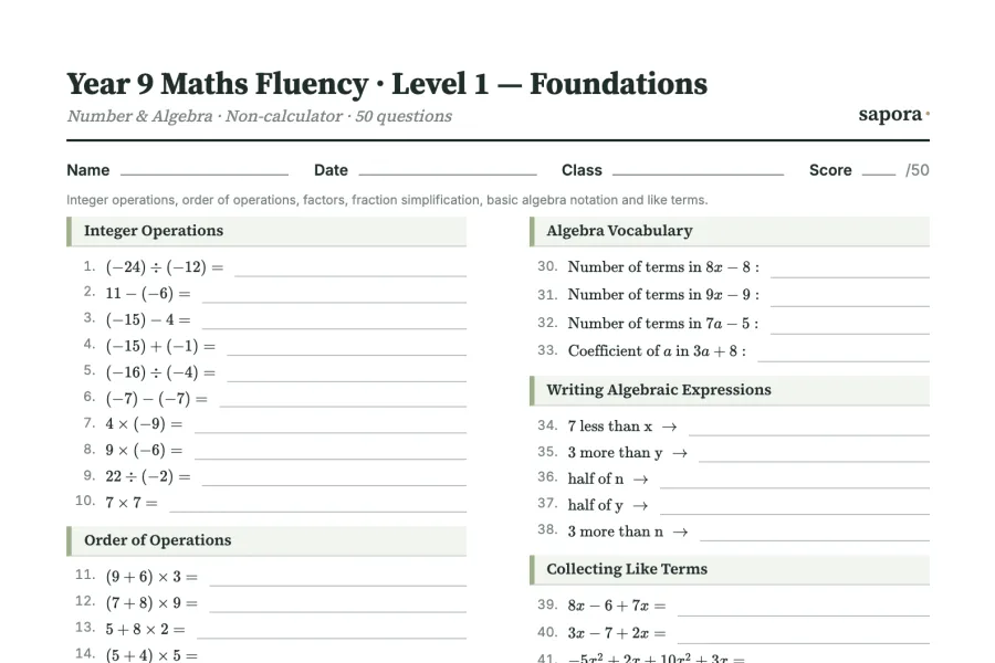The top of the printable Year 9 Key Skills Fluency worksheet